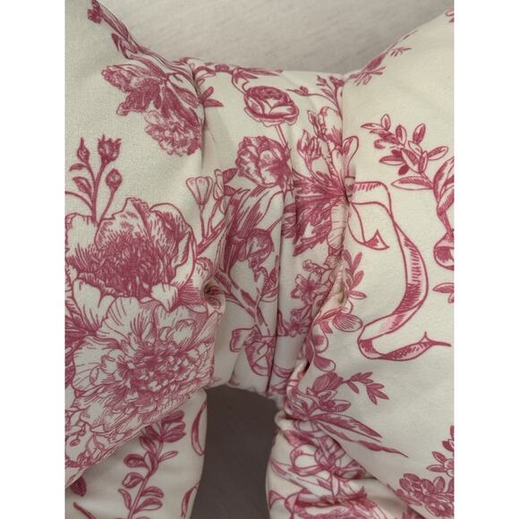 Envogue Pink White Floral Toile Velvet Bow Pillow Coquette Shabby Chic Decor - Picture 4 of 10